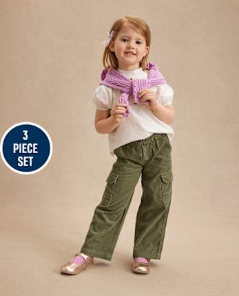 Girls Floral Pointelle Sweater 3-Piece Outfit Set - Magical Meadows